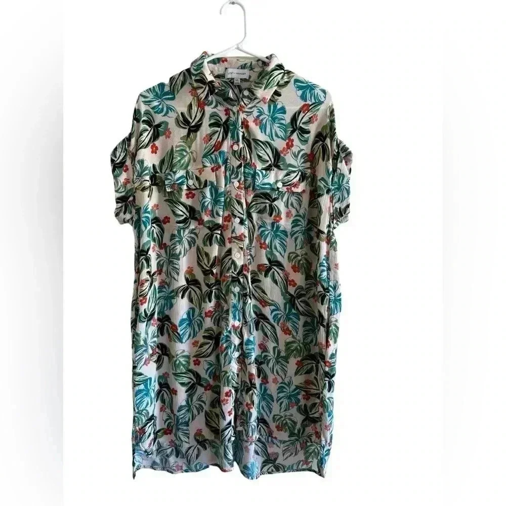 Lost & Wander Seascape Cover Up Dress Shirt Dress Green Tropical Print Size M/L - Picture 9 of 13